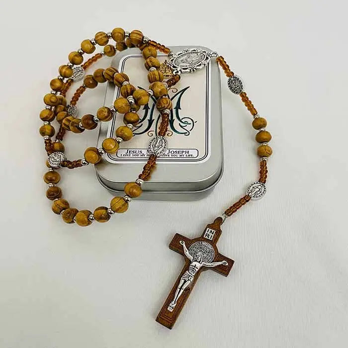 Mary Wooden Rosary in Tin Box