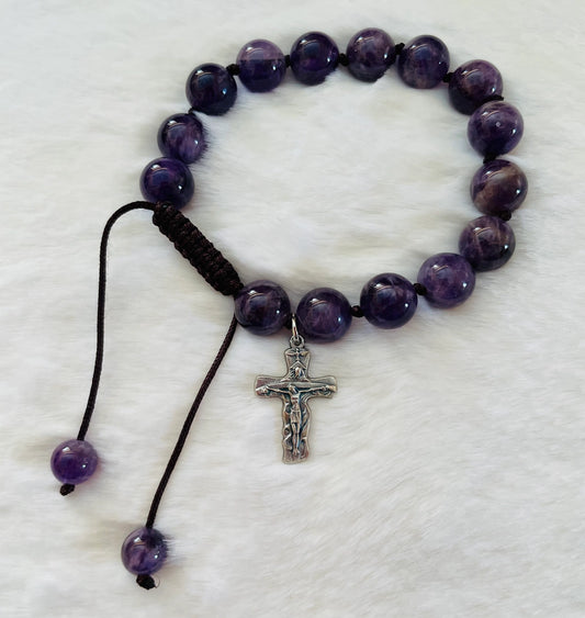 Genuine Amethyst Gem Stones Bracelet with A Cross Charm