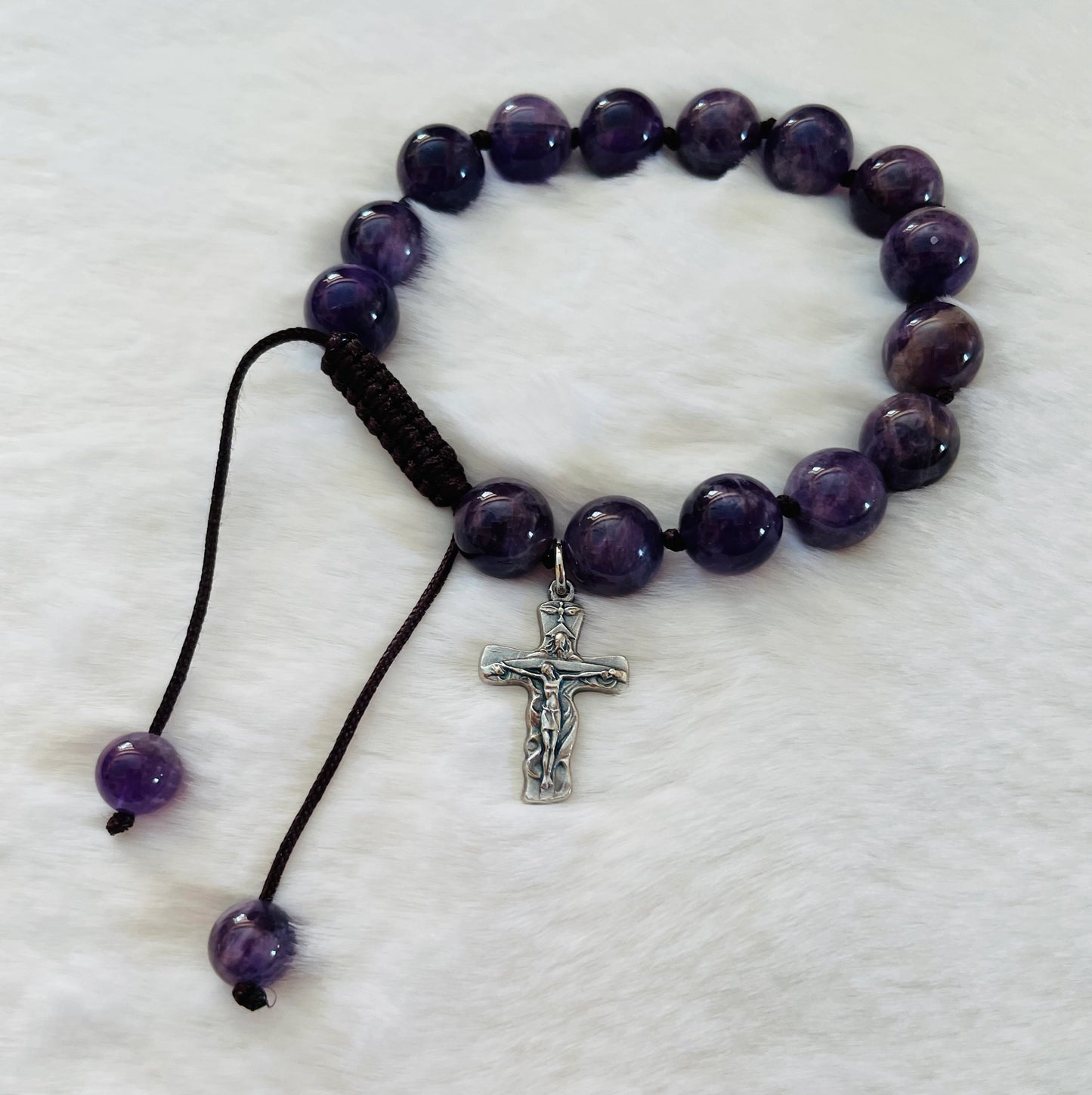 Genuine Amethyst Gem Stones Bracelet with A Cross Charm