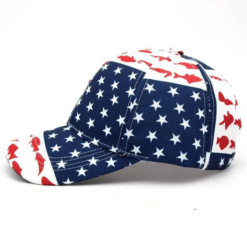 American Flag Fishing Print Baseball Cap Stars and Stripes